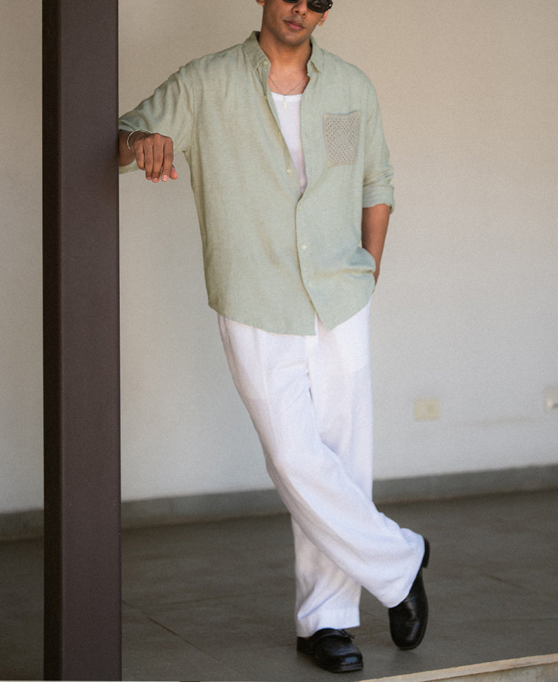 Sage Linen Blend Crochet Shirt