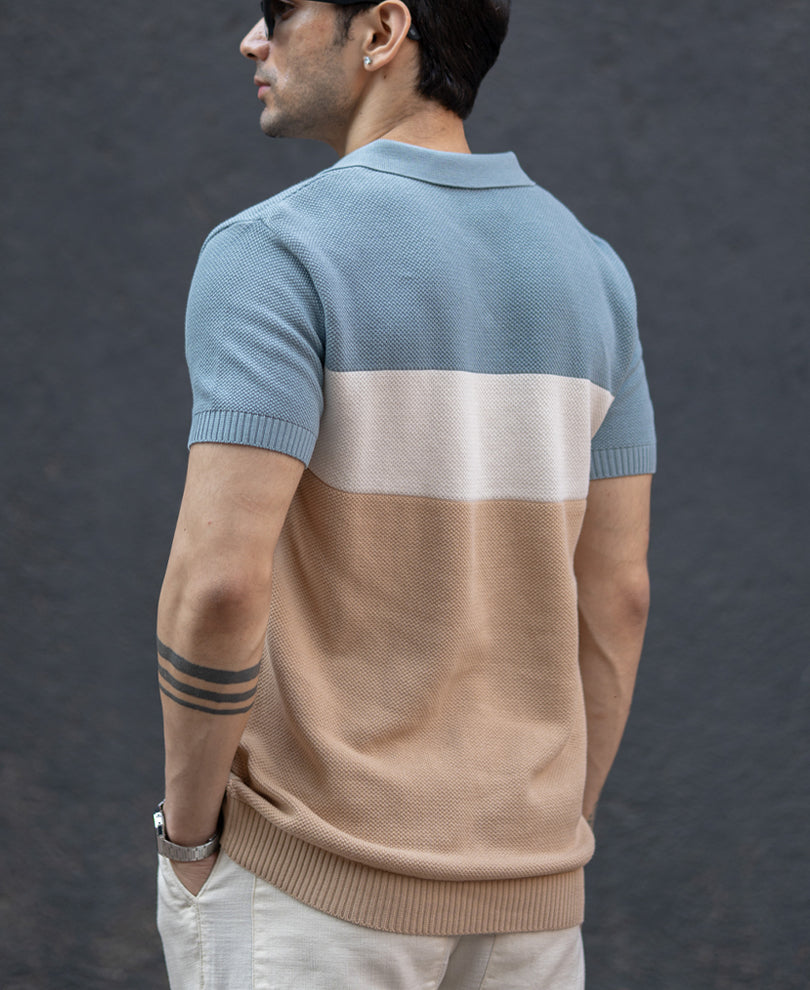 Blue & Beige Stripe Knit T-Shirt 100% Cotton