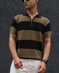 Olive Green and Black Structured Striped Regular Half Sleeves T Shirt 100% Cotton