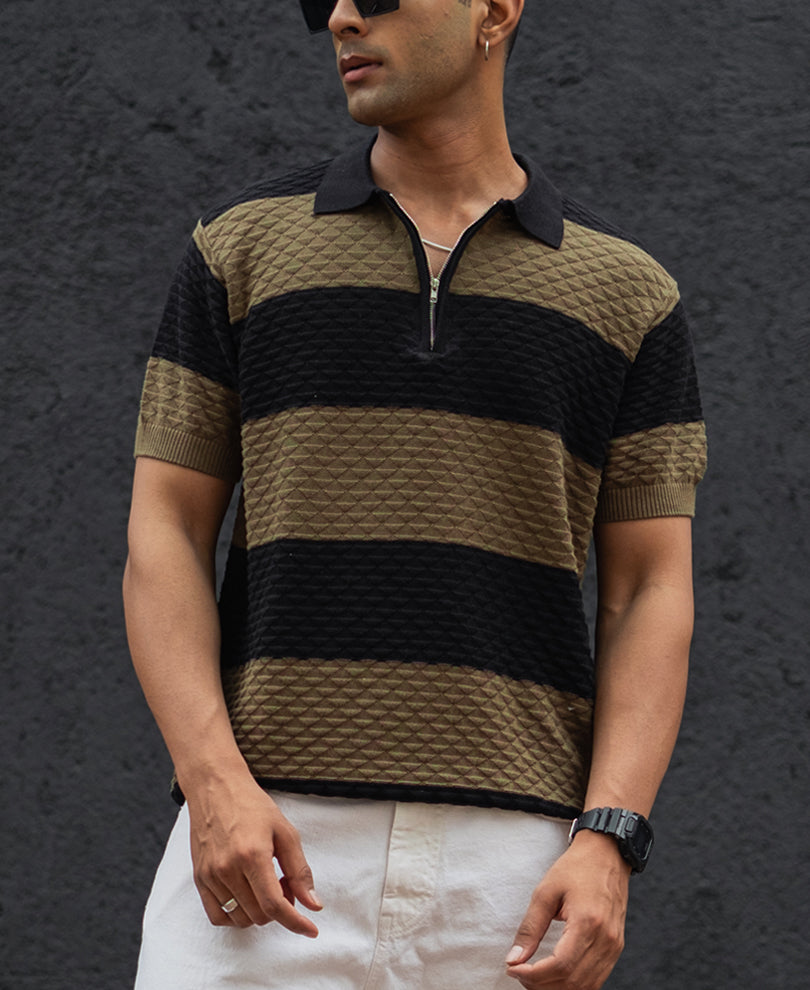 Olive Green and Black Structured Striped Regular Half Sleeves T Shirt 100% Cotton