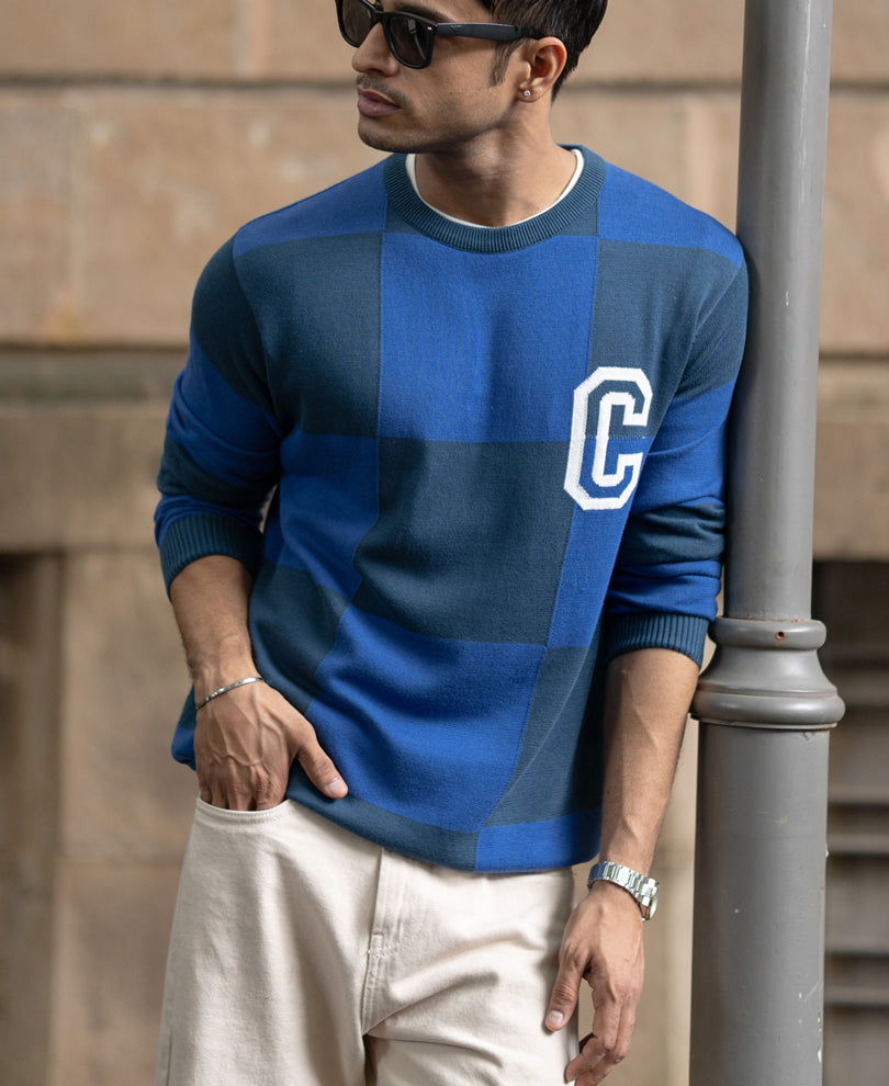 Blue Jacquard Knit T-Shirt 100% Cotton