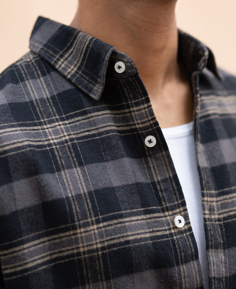 Grey Brushed Checked Shirt 100% Cotton
