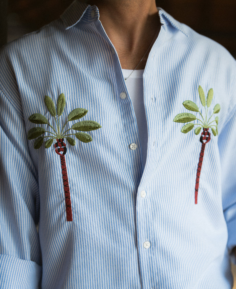 Blue Stripe Palm Embroidery Shirt