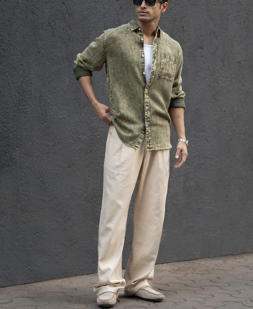 Olive Overdyed Lightweight Shirt 100% Cotton