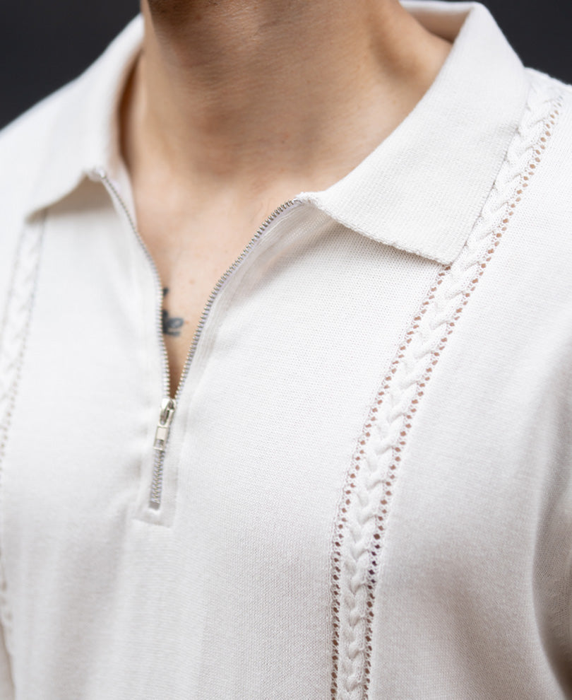 White Structured Knit Zipper T-Shirt 100% Cotton