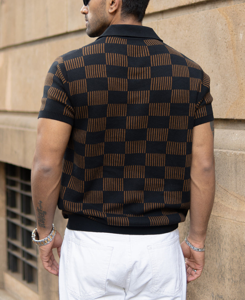 Brown And Black Jacquard Knit T-Shirt 100% Cotton