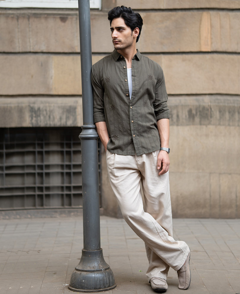 Olive Structure Embroidered Shirt 100% Cotton