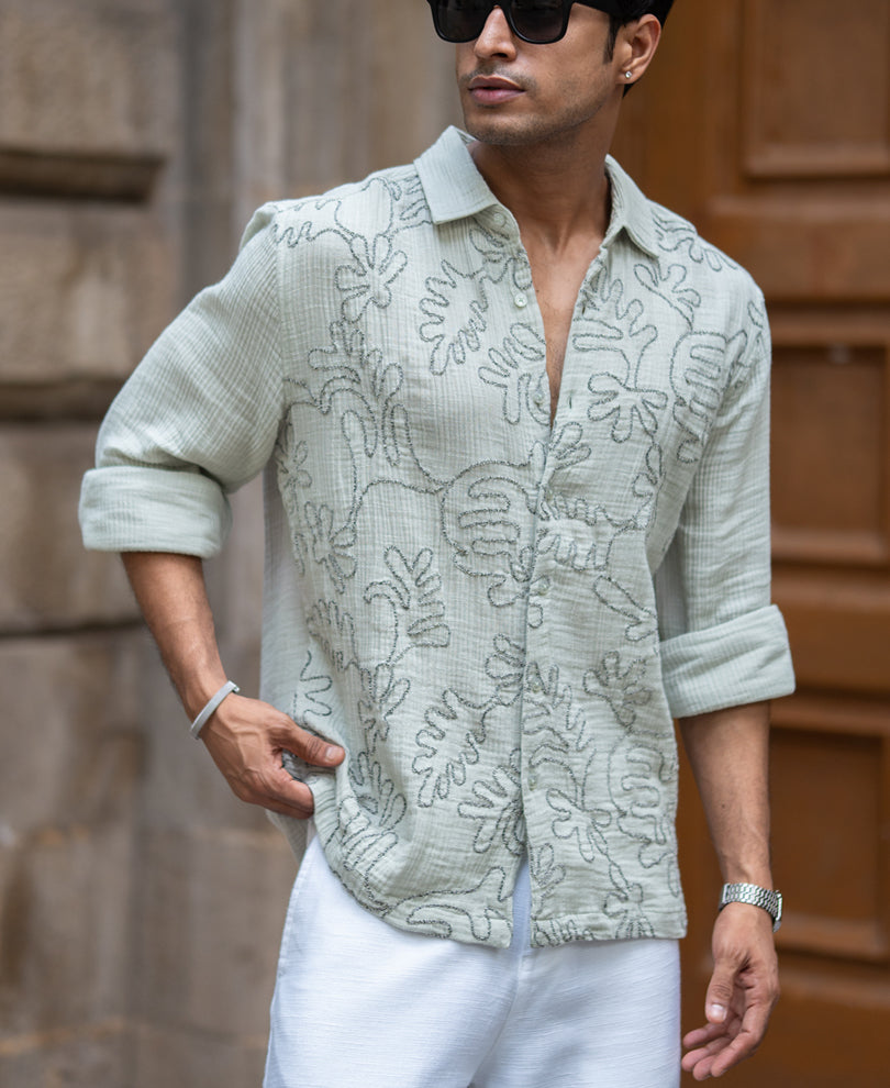Sage Green Embroidered Shirt 100% Cotton