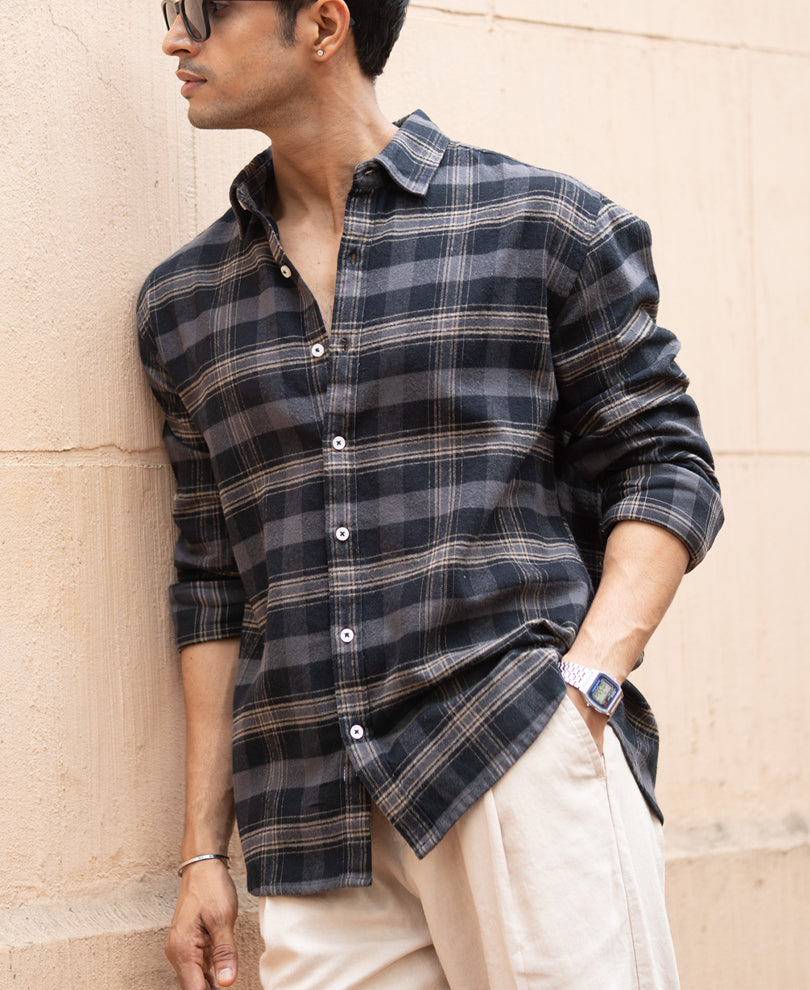 Grey Brushed Checked Shirt 100% Cotton