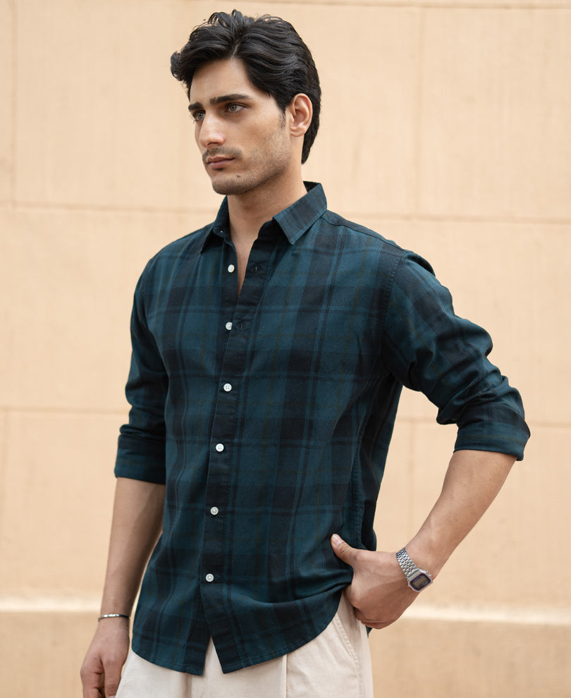 Dark Teal Structured Checks Shirt 100% Cotton