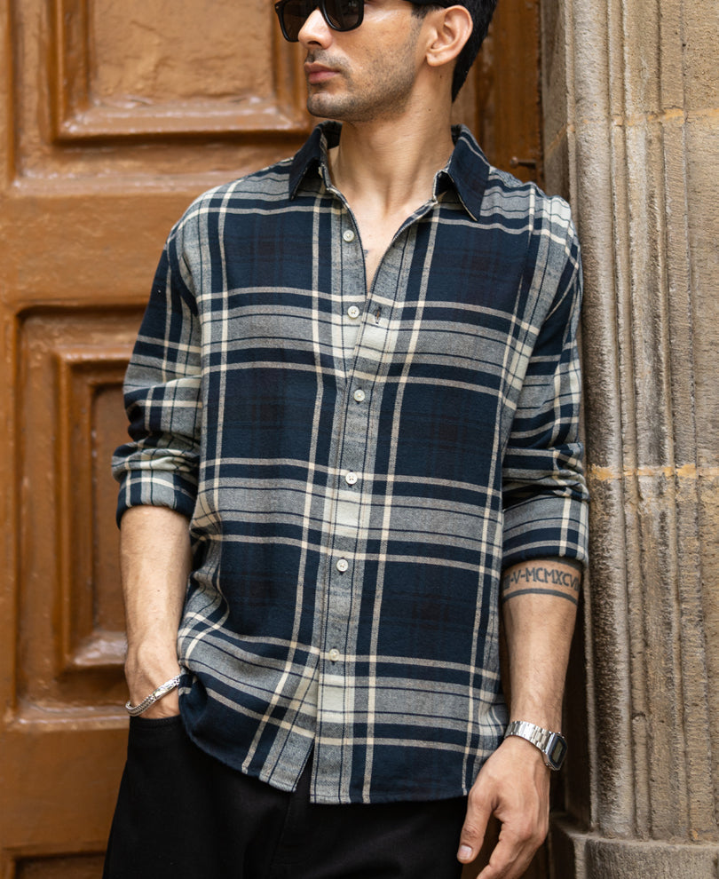 Navy Structured Checks Shirt 100% Cotton