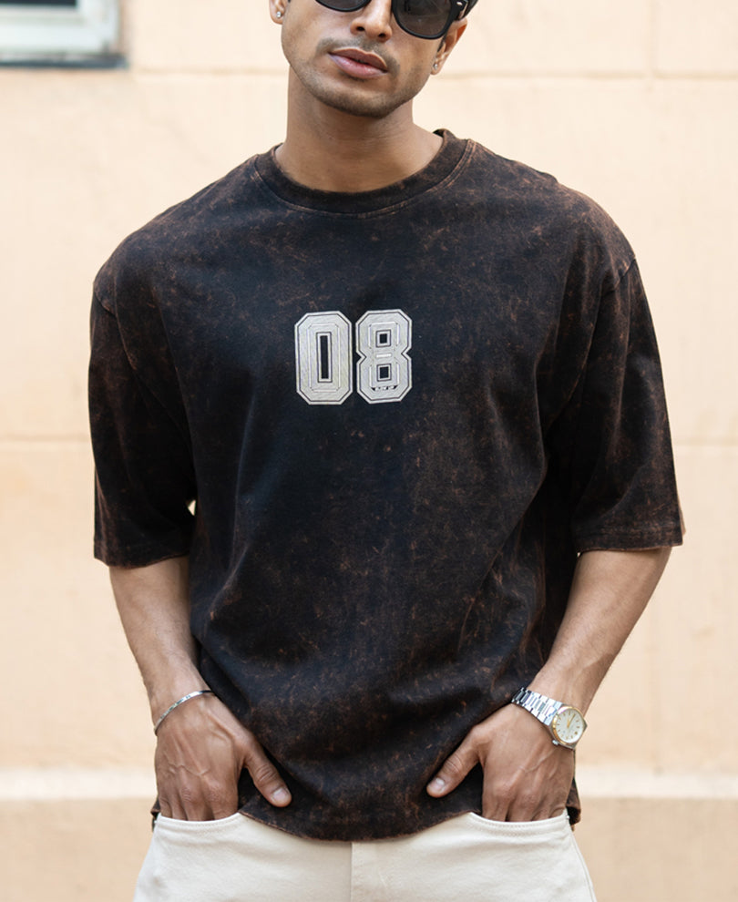 Dark Brown Washed Printed T-Shirt 100% Cotton