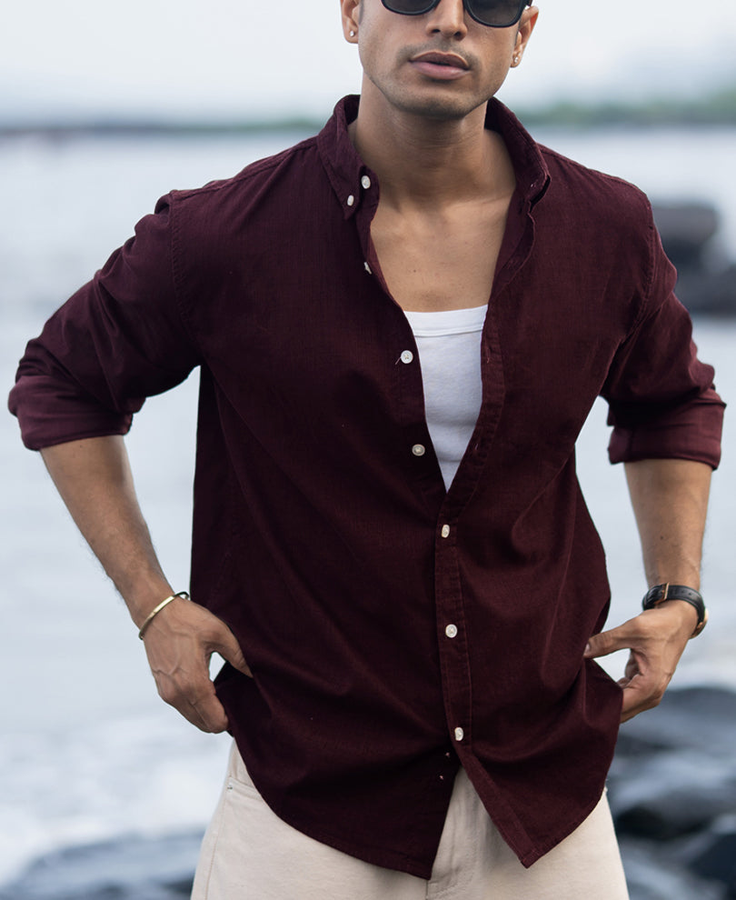 Wine Corduroy Buttondown Shirt 100% Cotton
