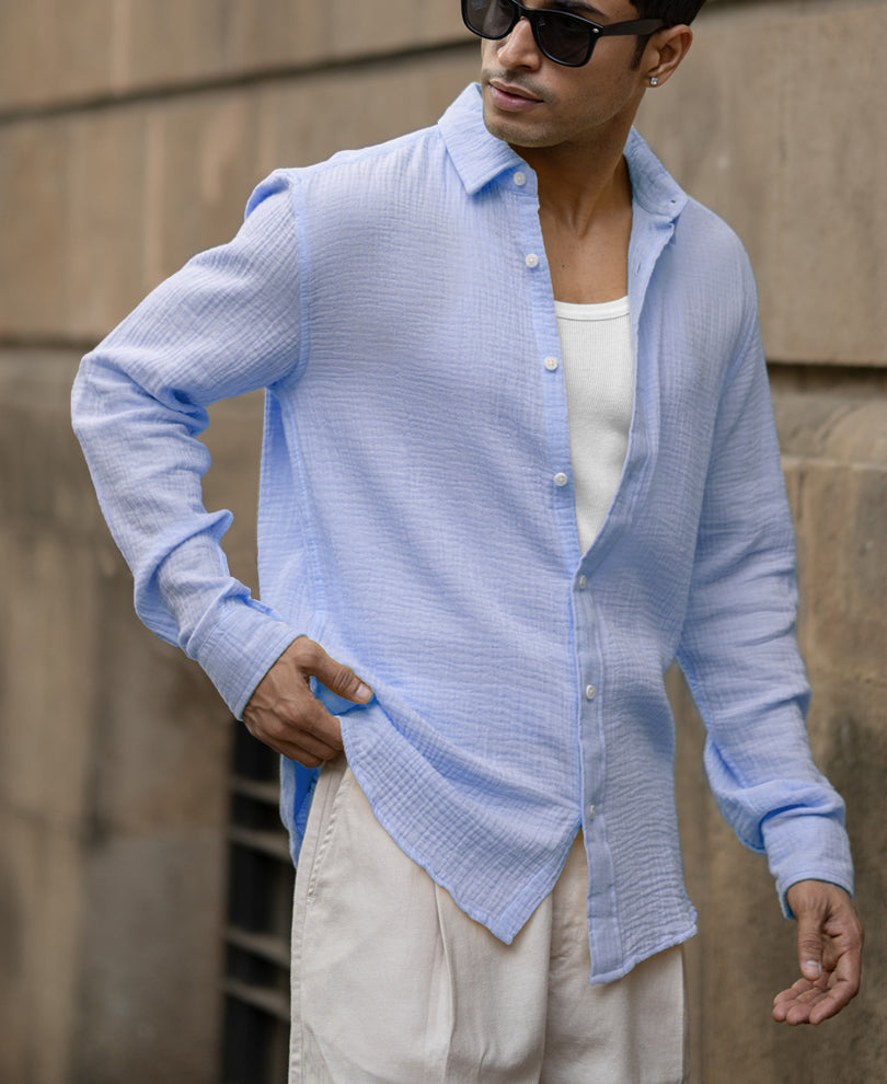 Light Blue Crinkled Shirt 100% Cotton