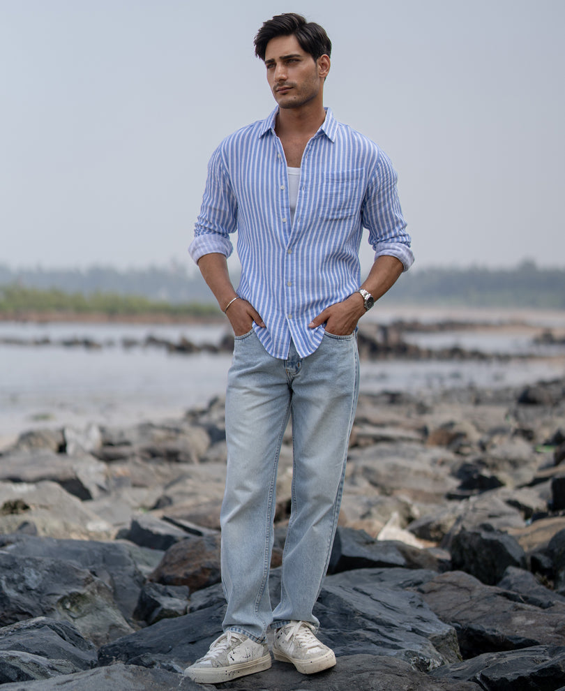 Blue Double Cloth Stripe Shirt 100% Cotton