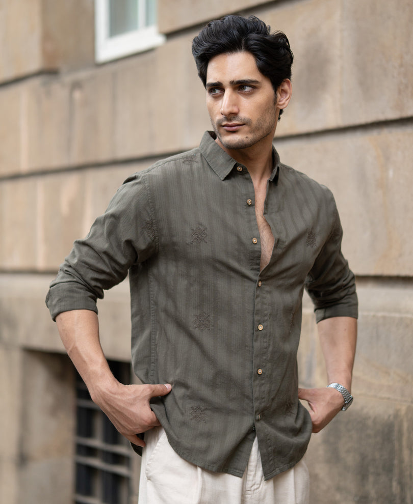 Olive Structure Embroidered Shirt 100% Cotton