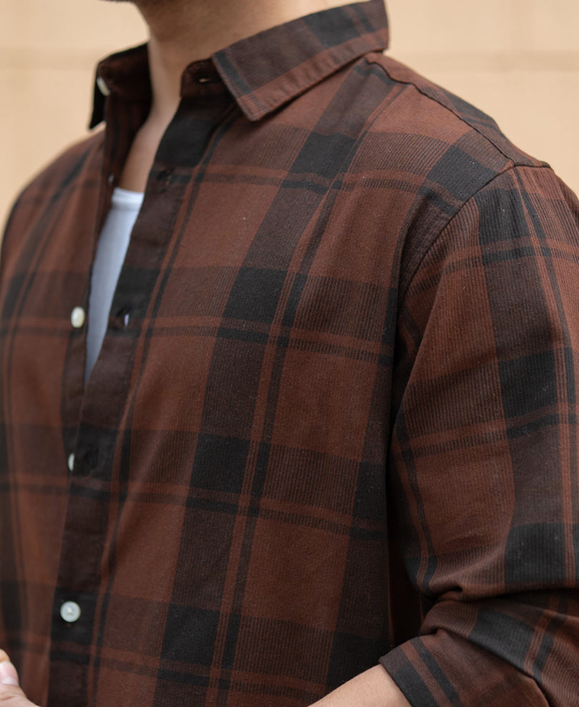 Dark Brown Structured Checked Shirt 100% Cotton