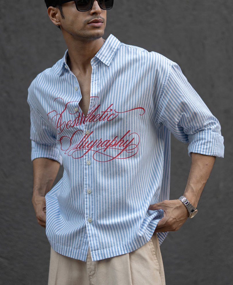 Blue Lightweight Printed Boxy Shirt 100% Cotton