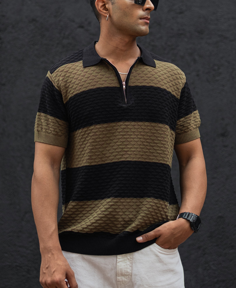 Olive Green and Black Structured Striped Regular Half Sleeves T Shirt 100% Cotton