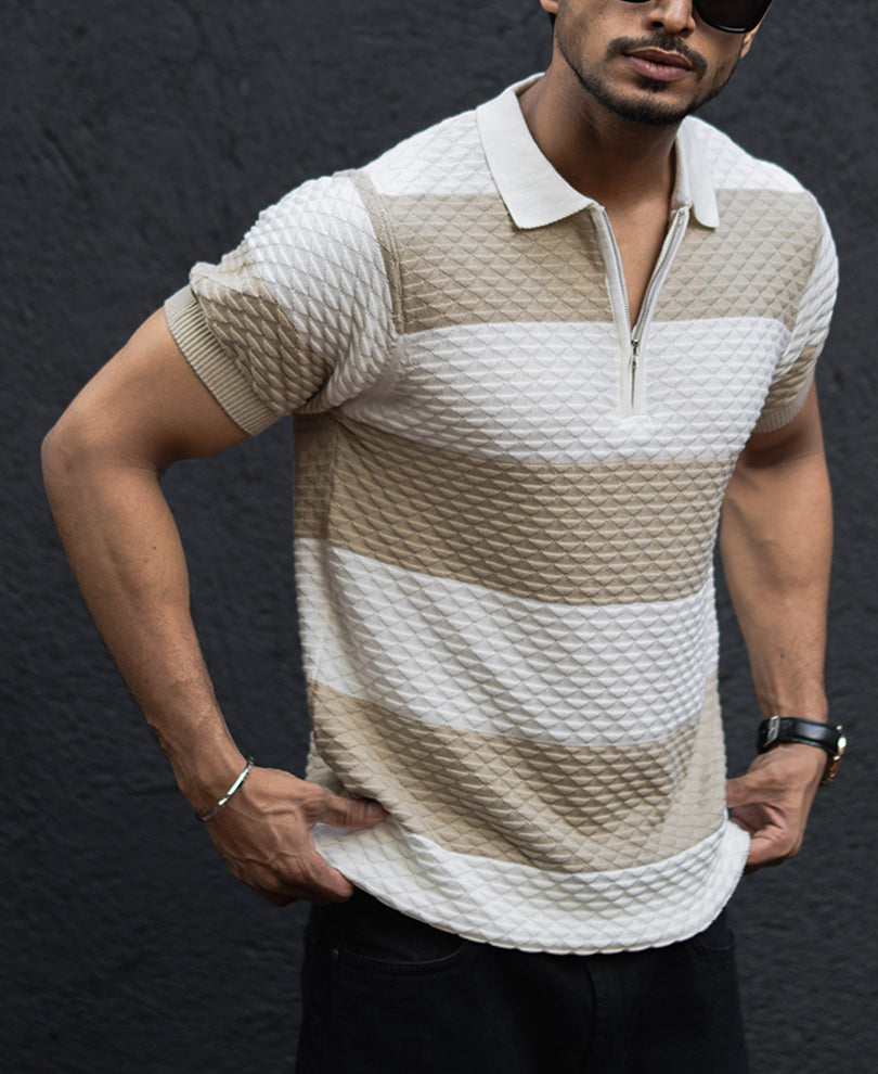 Off White Structured Striped Regular Half Sleeves T Shirt 100% Cotton