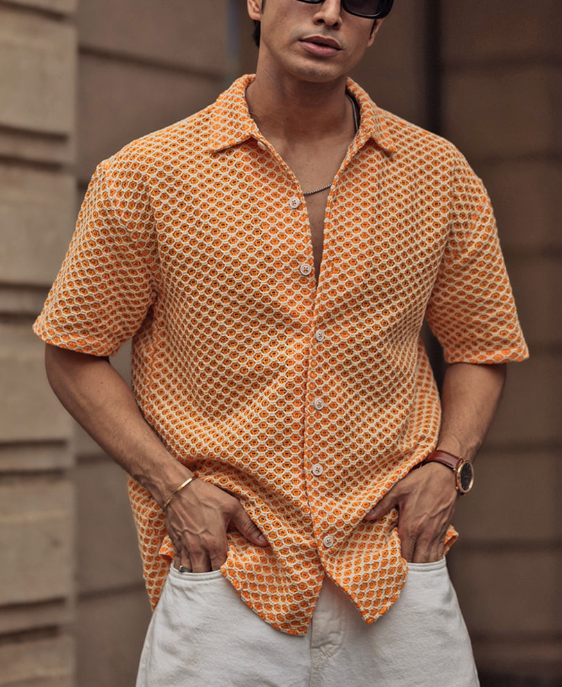 Orange and White Crochet Knit Oversized Shirt 100% Cotton