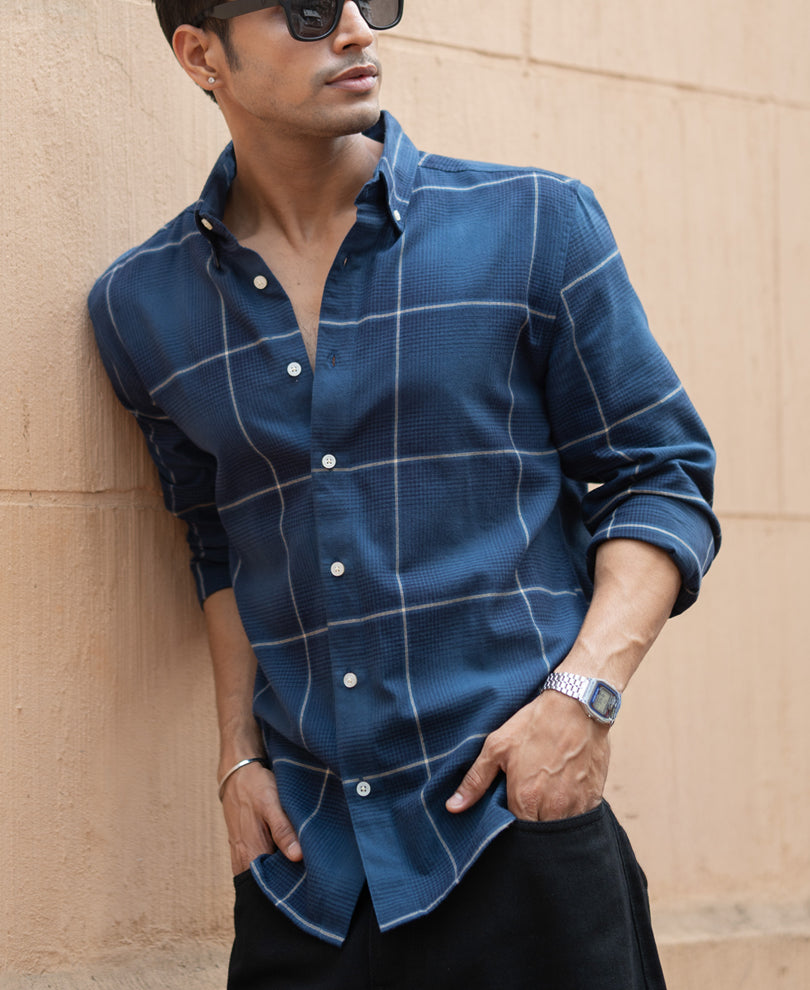 Navy Lightweight Checks Shirt 100% Cotton