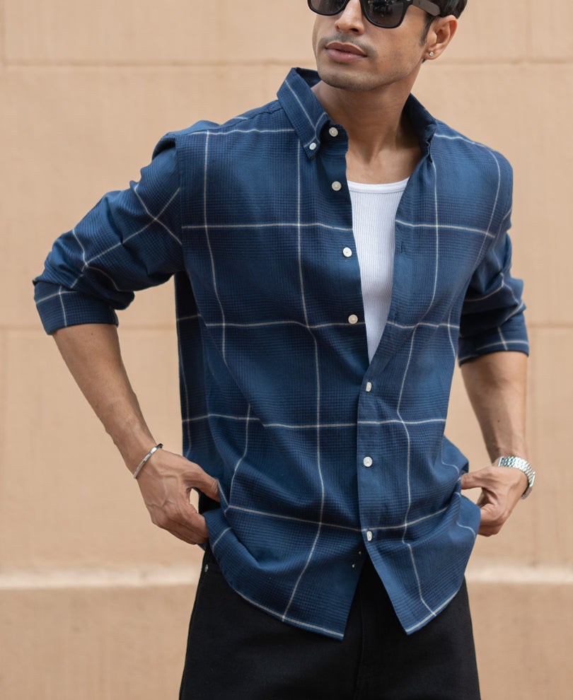 Navy Lightweight Checks Shirt 100% Cotton